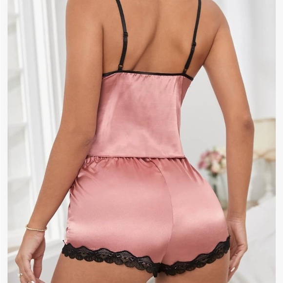 Pink Silky Satin With Black Lace Trim Cami & Sleep Shorts Pajama’s Lounge Set - Picture 8 of 10